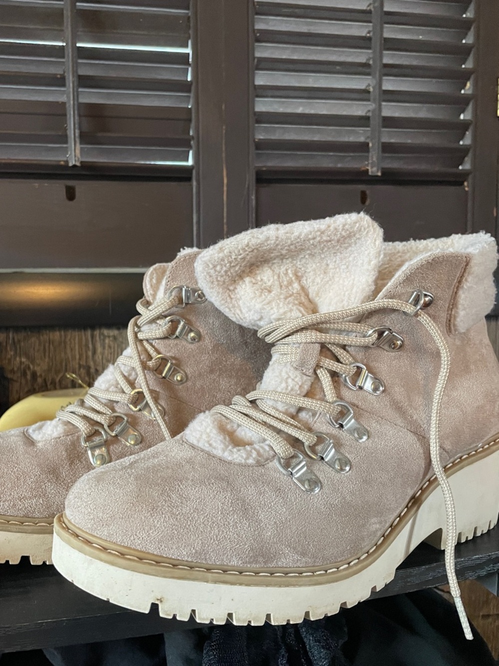Sonoma Beige Suede Lace-Up Shearling Ankle Boots